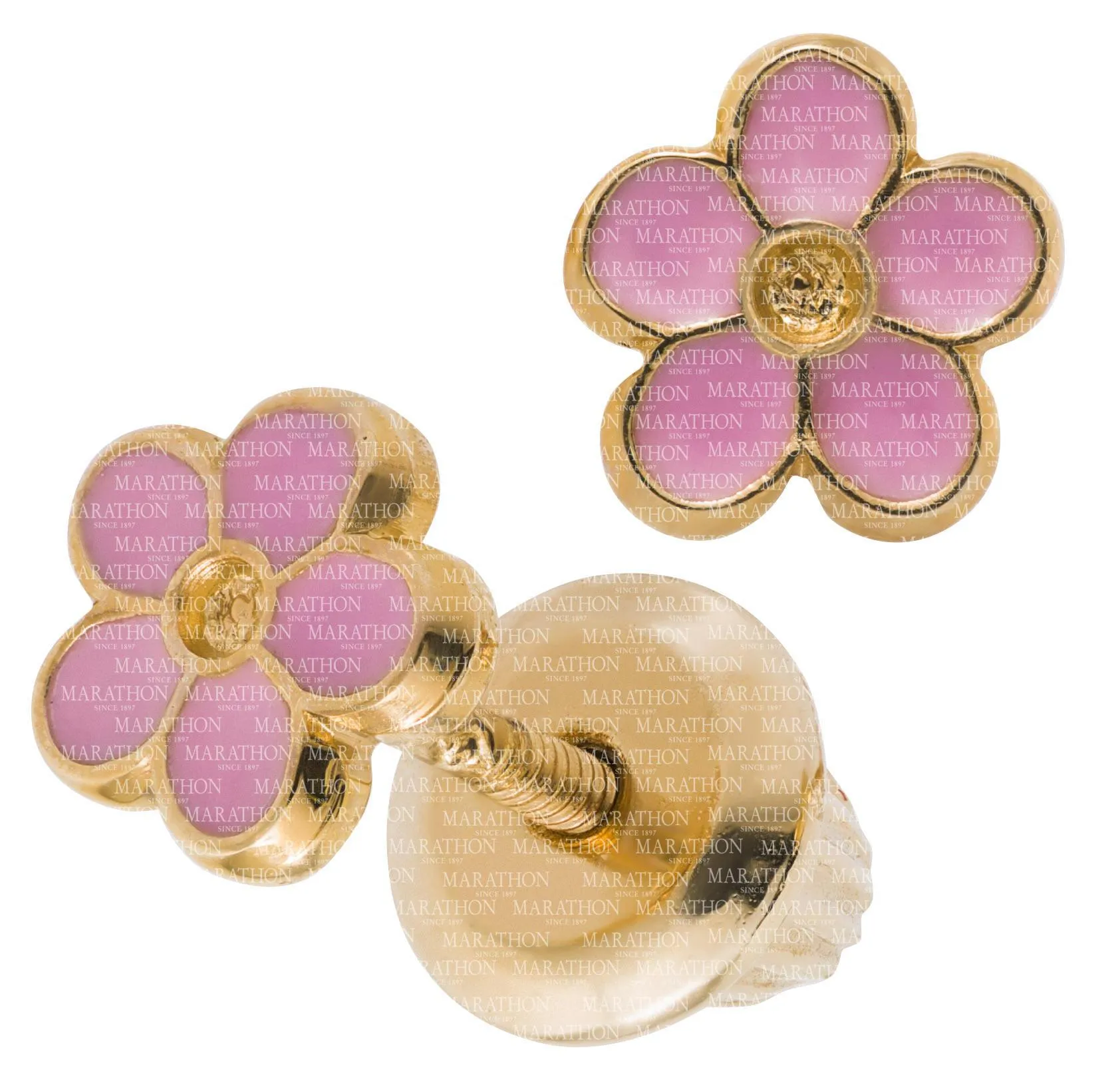 14K Y Gold Pink Enamel Flower Baby Earrings