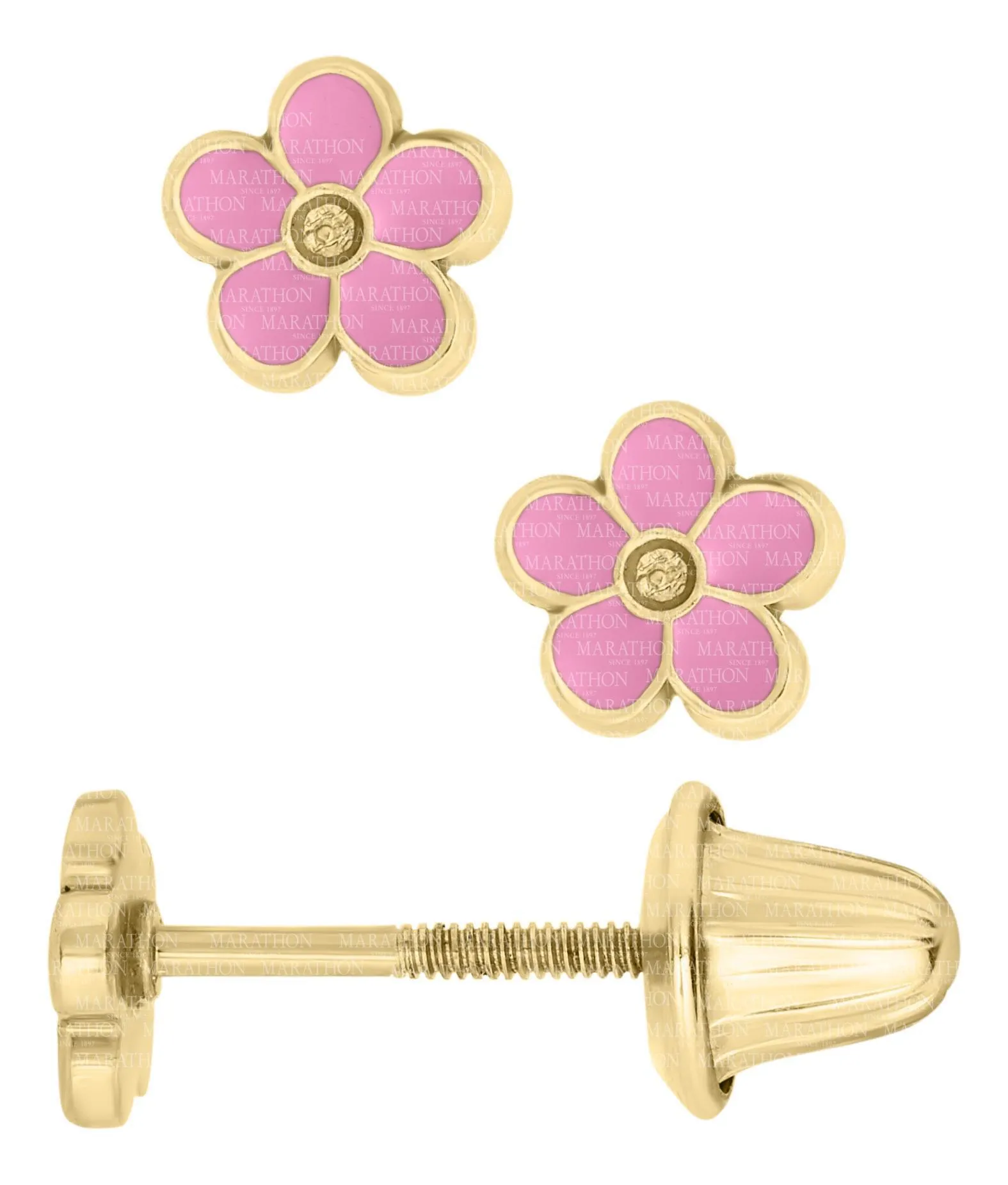 14K Y Gold Pink Enamel Flower Baby Earrings