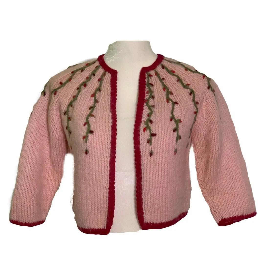 1950s Pink Wool Sweater with Floral Accent. PinUp Style Cardigan. Sustainable Vintage Fashion.