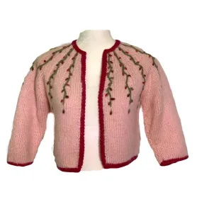 1950s Pink Wool Sweater with Floral Accent. PinUp Style Cardigan. Sustainable Vintage Fashion.