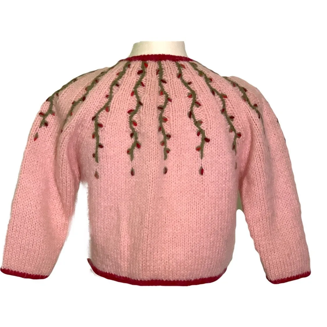 1950s Pink Wool Sweater with Floral Accent. PinUp Style Cardigan. Sustainable Vintage Fashion.