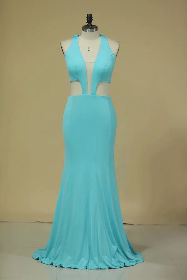 2024 V Neck Prom Dresses Mermaid With Slit Floor PZX76P5P