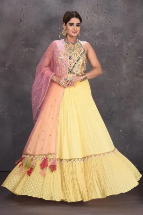 502835 Light Yellow Embroidered Designer Lehenga with Pink Dupatta