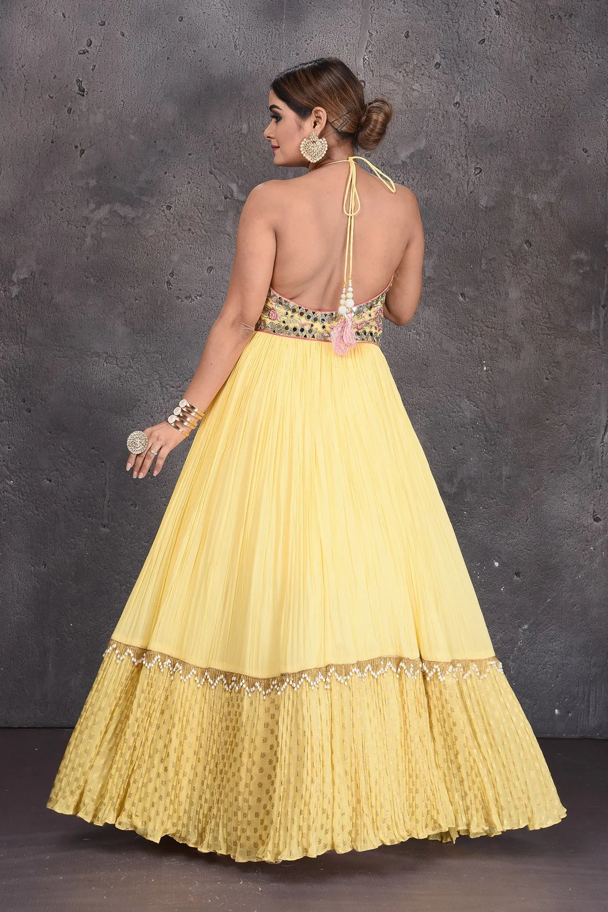 502835 Light Yellow Embroidered Designer Lehenga with Pink Dupatta