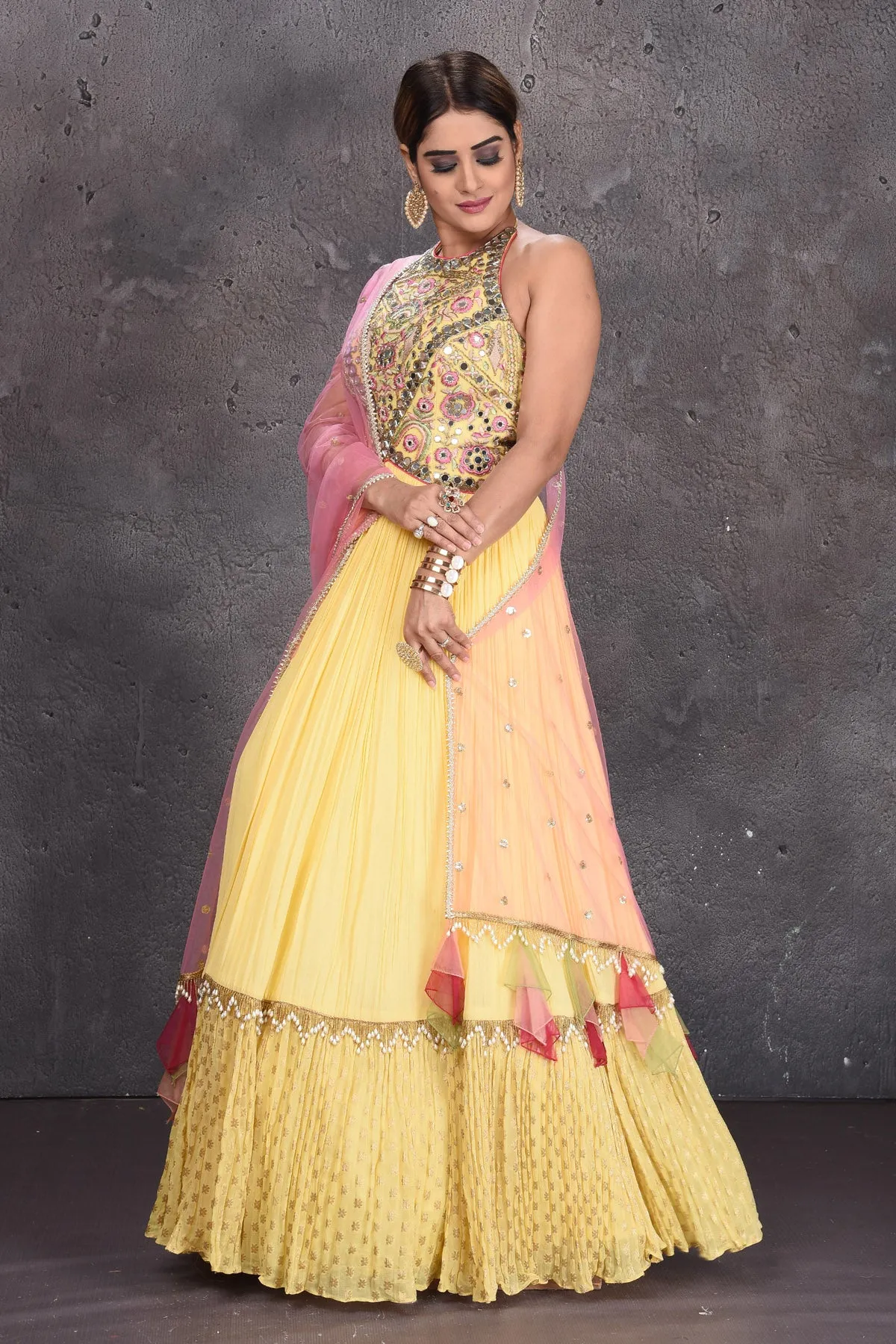 502835 Light Yellow Embroidered Designer Lehenga with Pink Dupatta