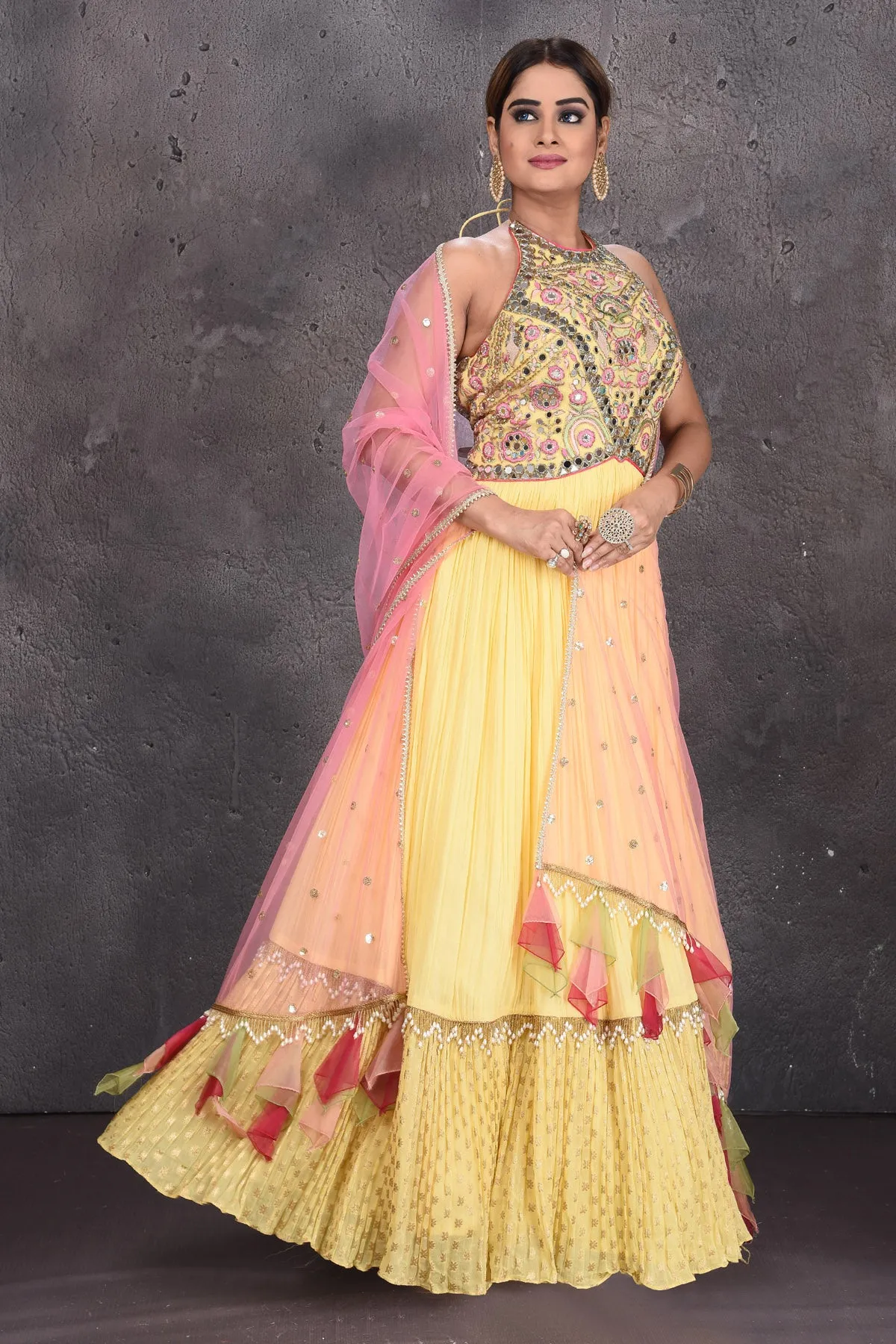 502835 Light Yellow Embroidered Designer Lehenga with Pink Dupatta