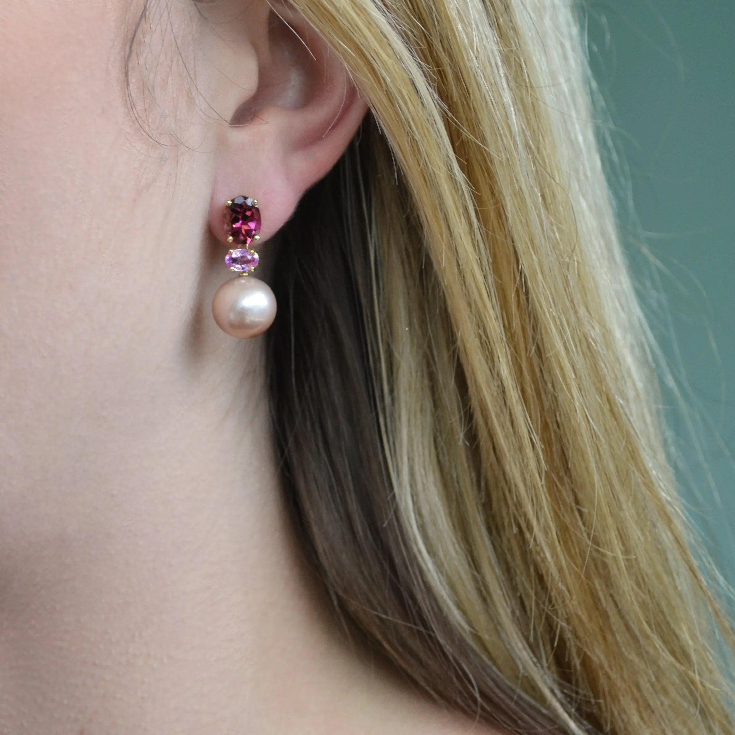 A & Furst - Bonbon - Drop Earrings with Pink Tourmaline, Pink Sapphires and Pink Pearls, 18k Yellow Gold