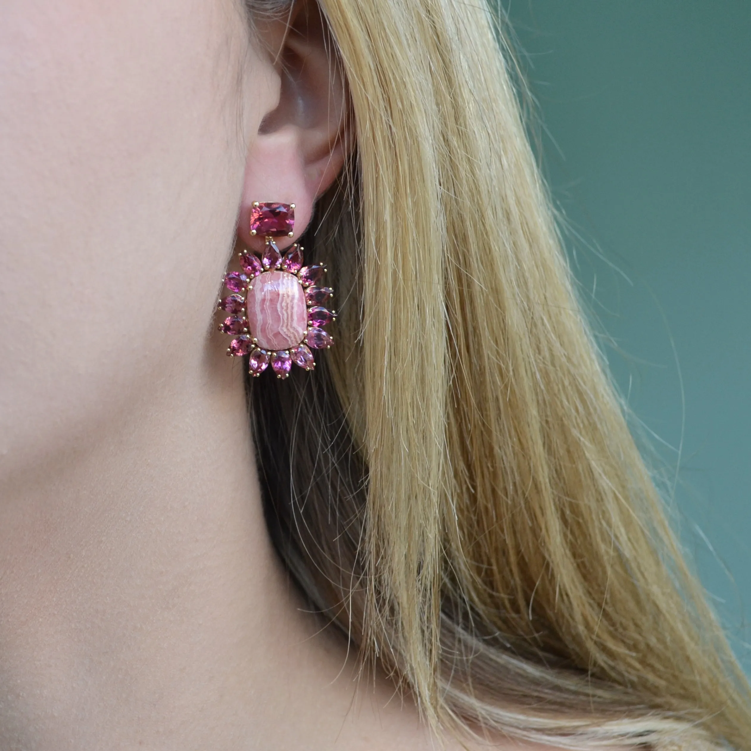 A & Furst - Sole - Drop Earrings with Rhodochrosite and Pink Tourmaline, 18k Yellow Gold