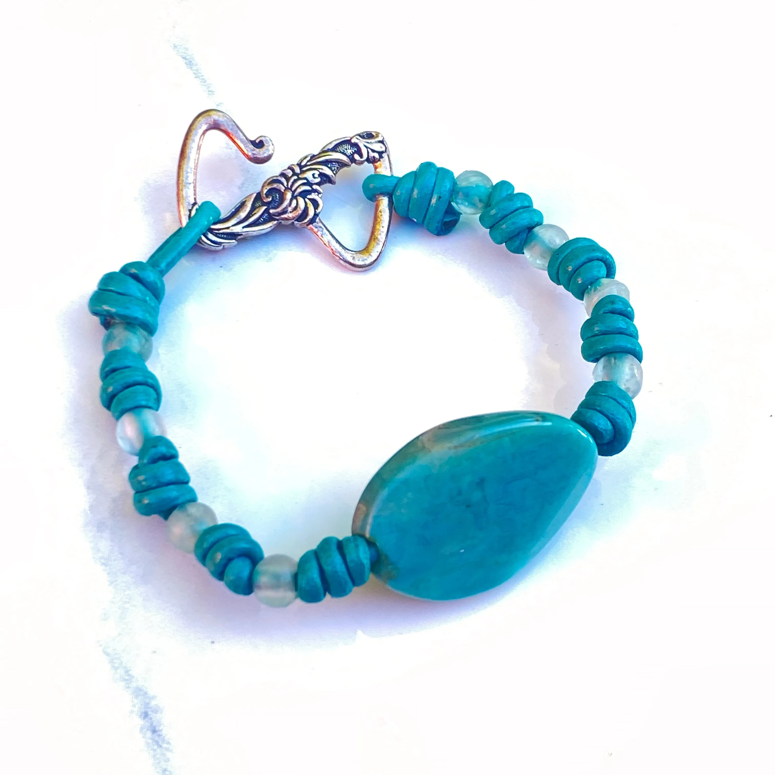 Agate and Fluorite gemstones on hand knotted Leather Bracelet