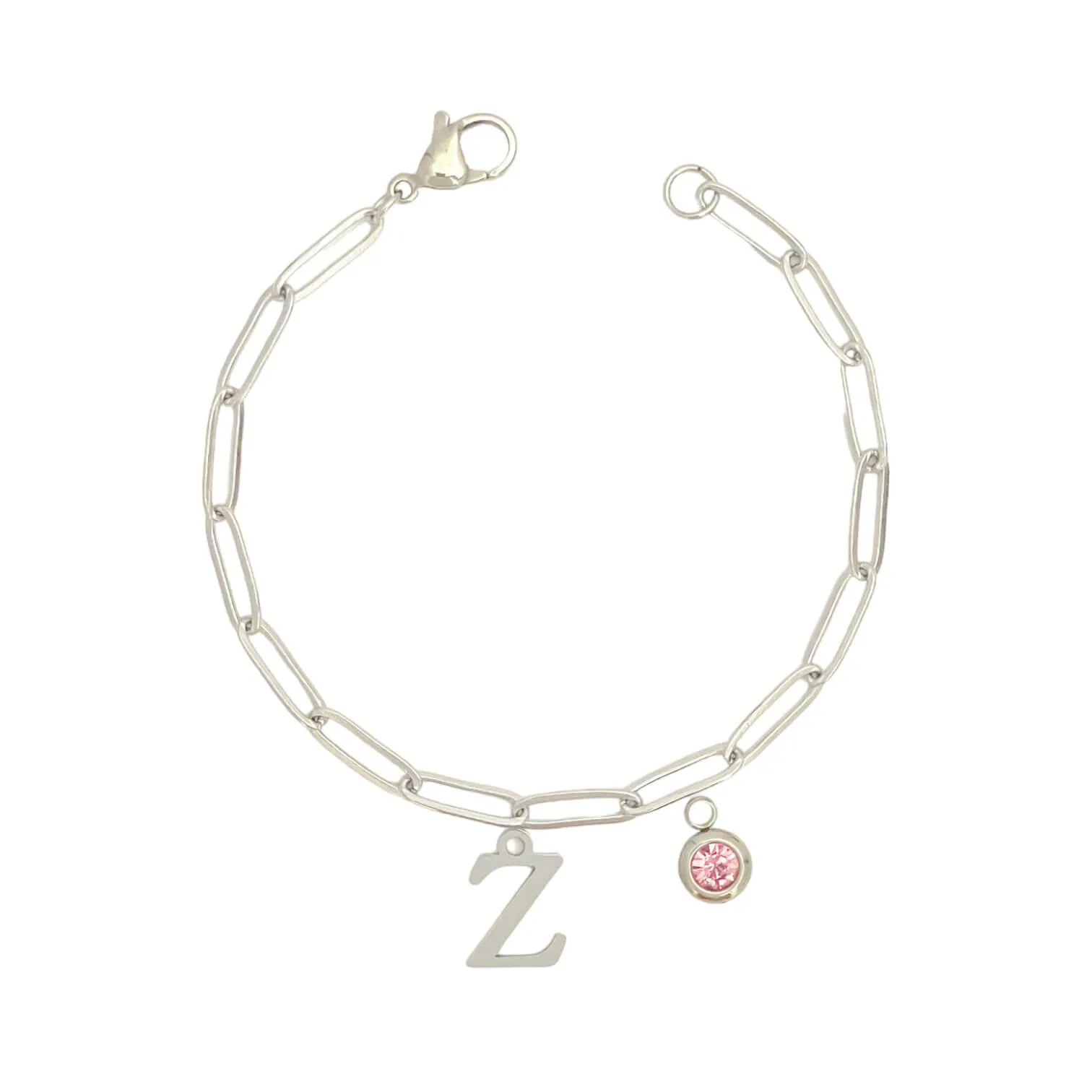 Alphabet Birthstone Paperclip Bracelet Silver (V-Z)