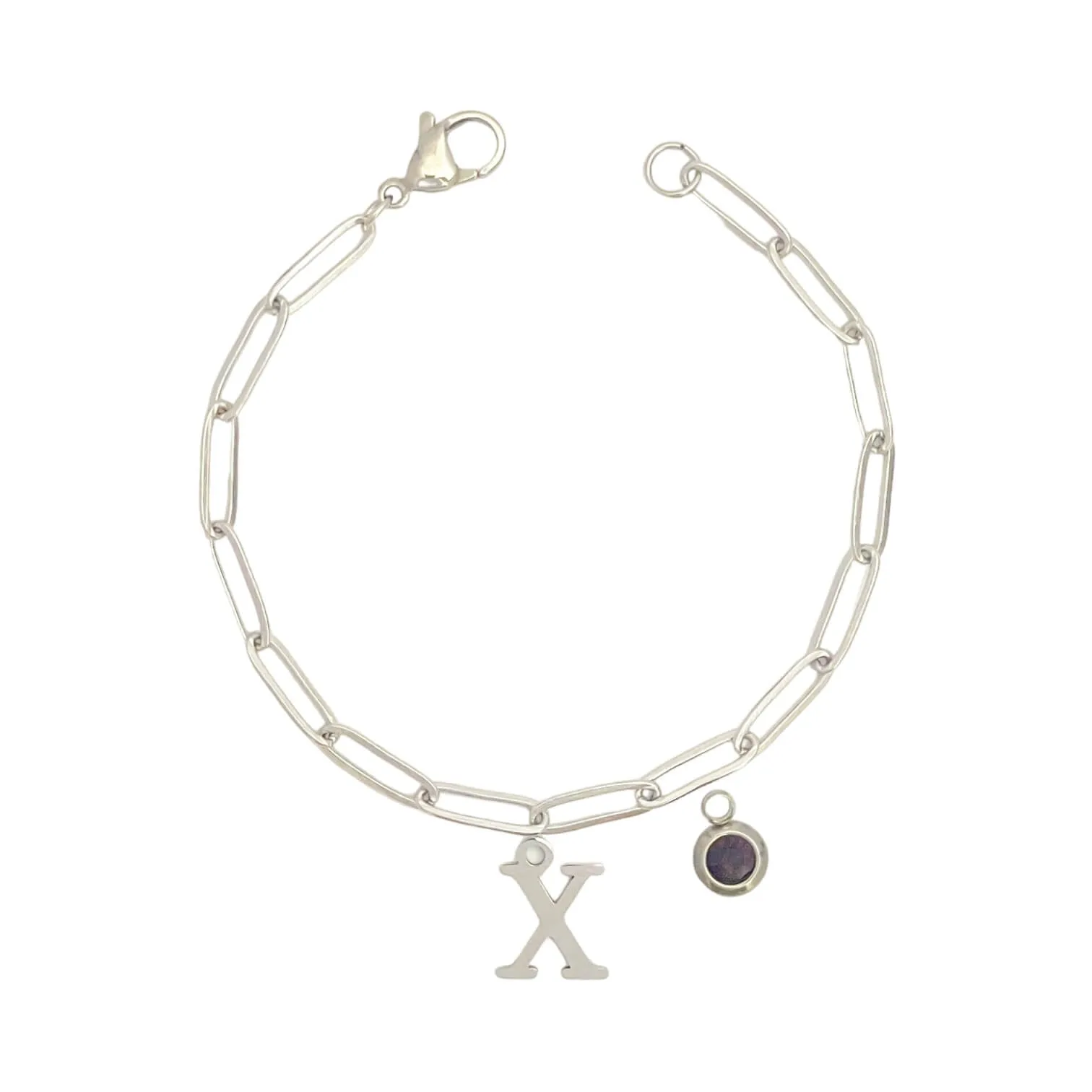 Alphabet Birthstone Paperclip Bracelet Silver (V-Z)