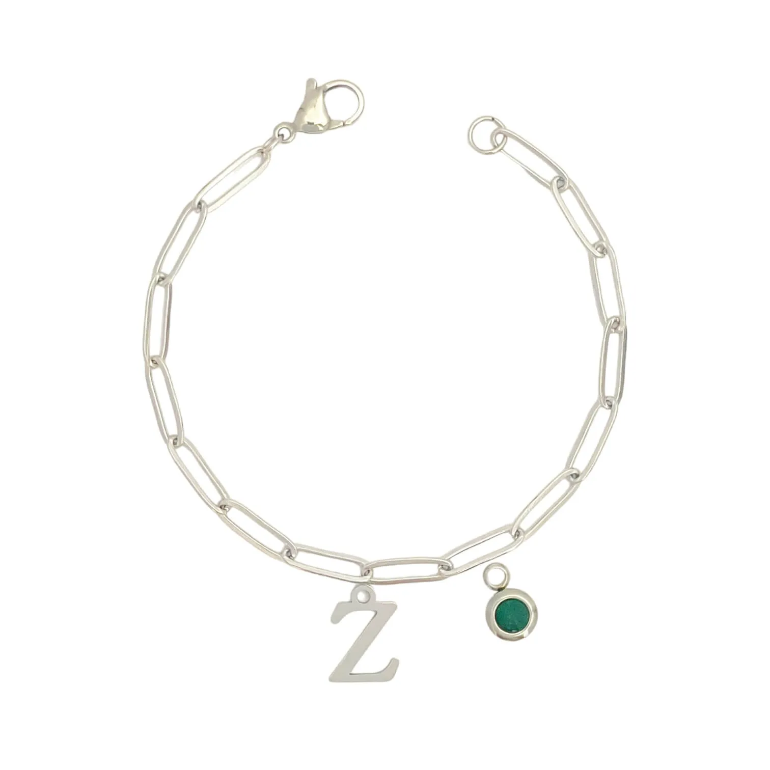 Alphabet Birthstone Paperclip Bracelet Silver (V-Z)