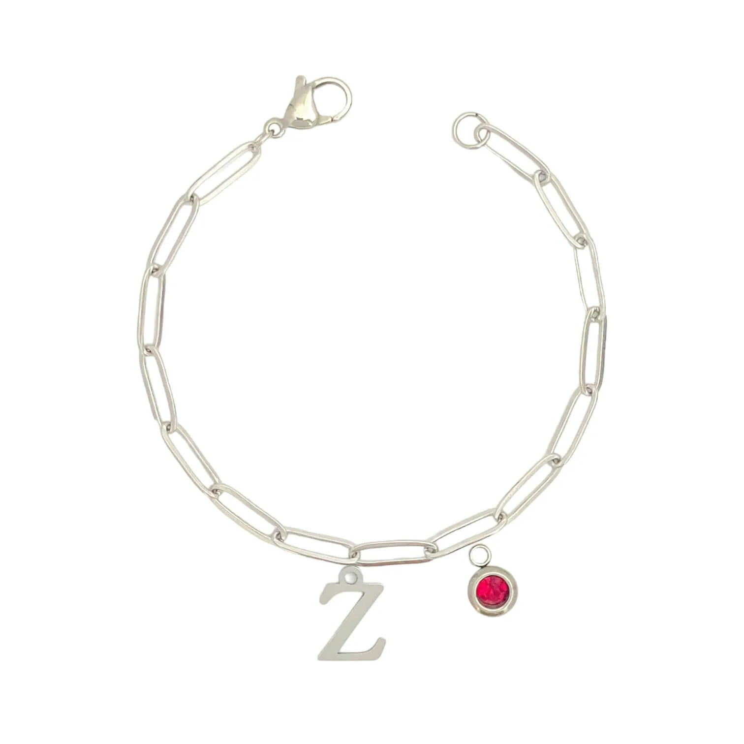 Alphabet Birthstone Paperclip Bracelet Silver (V-Z)