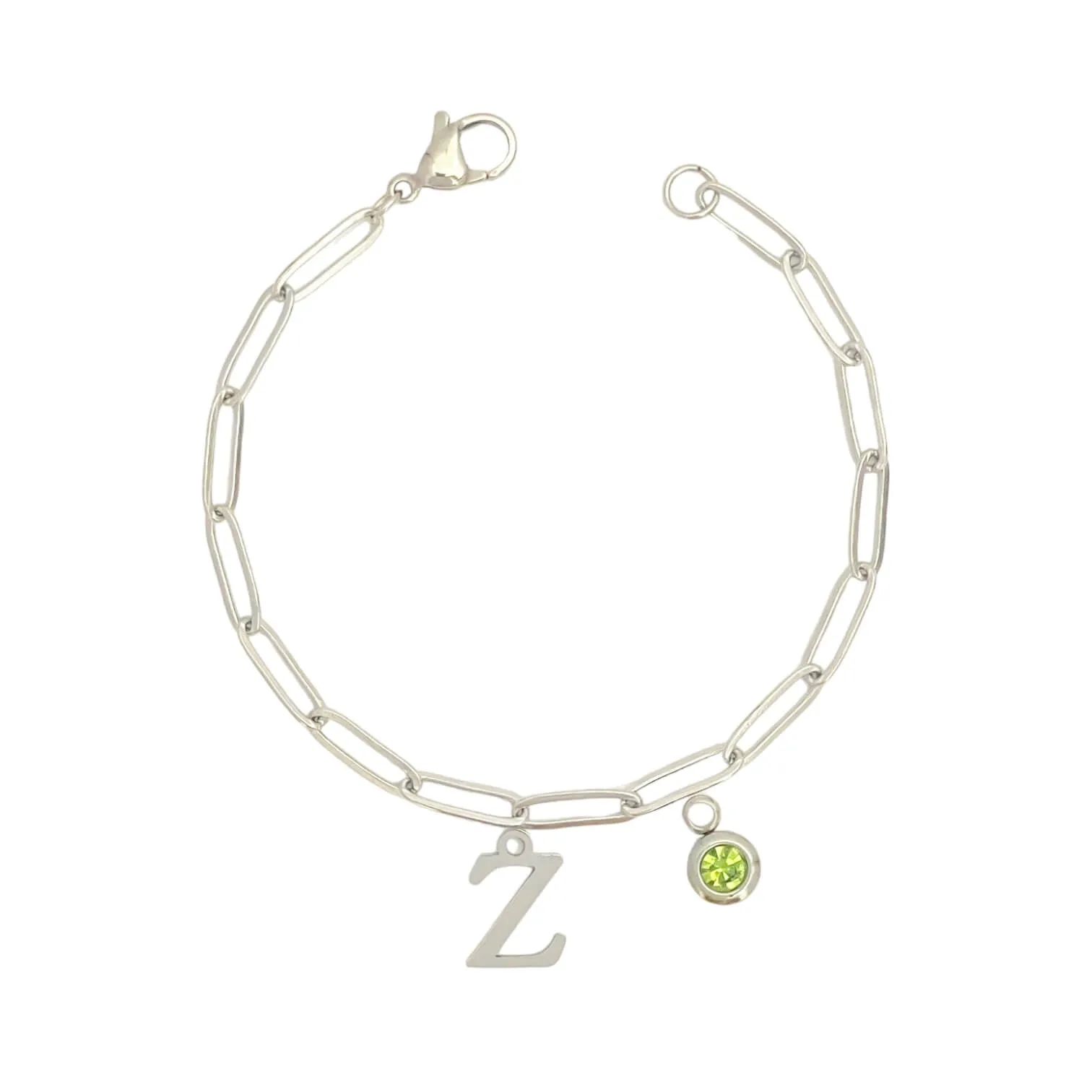 Alphabet Birthstone Paperclip Bracelet Silver (V-Z)