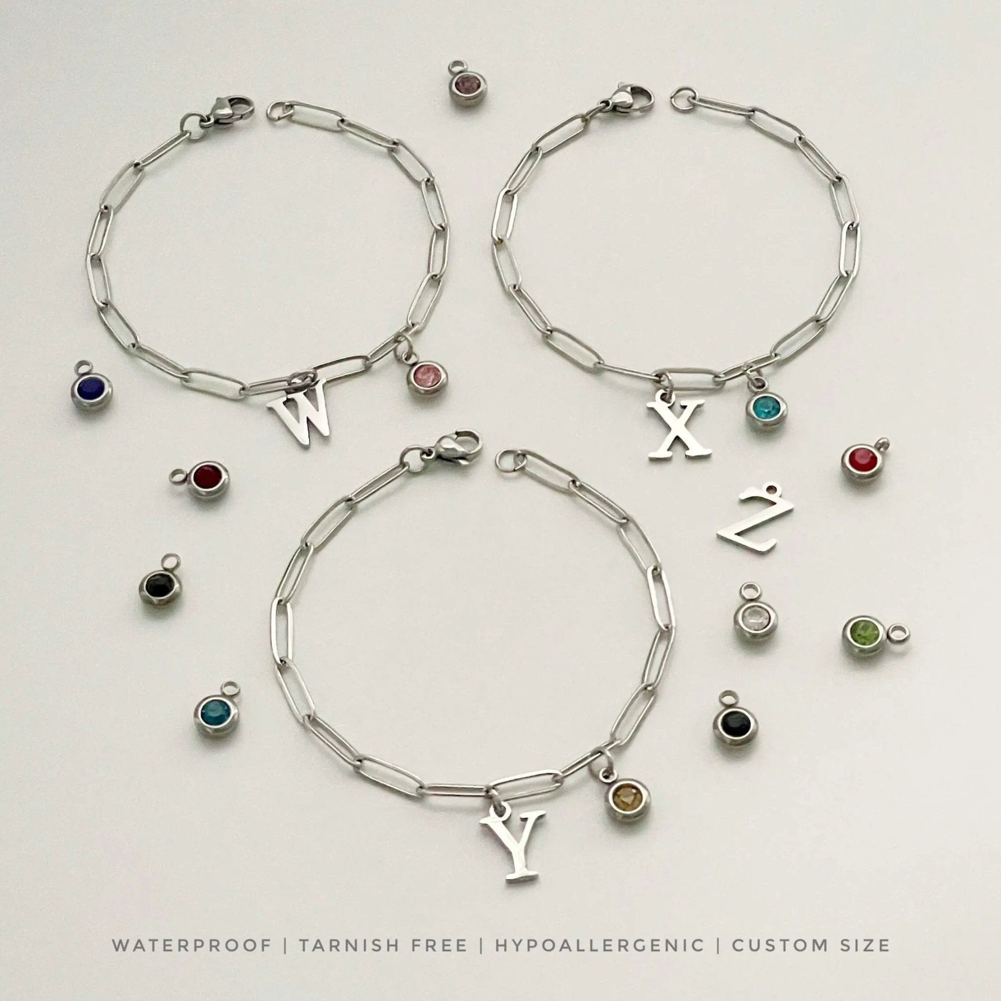 Alphabet Birthstone Paperclip Bracelet Silver (V-Z)