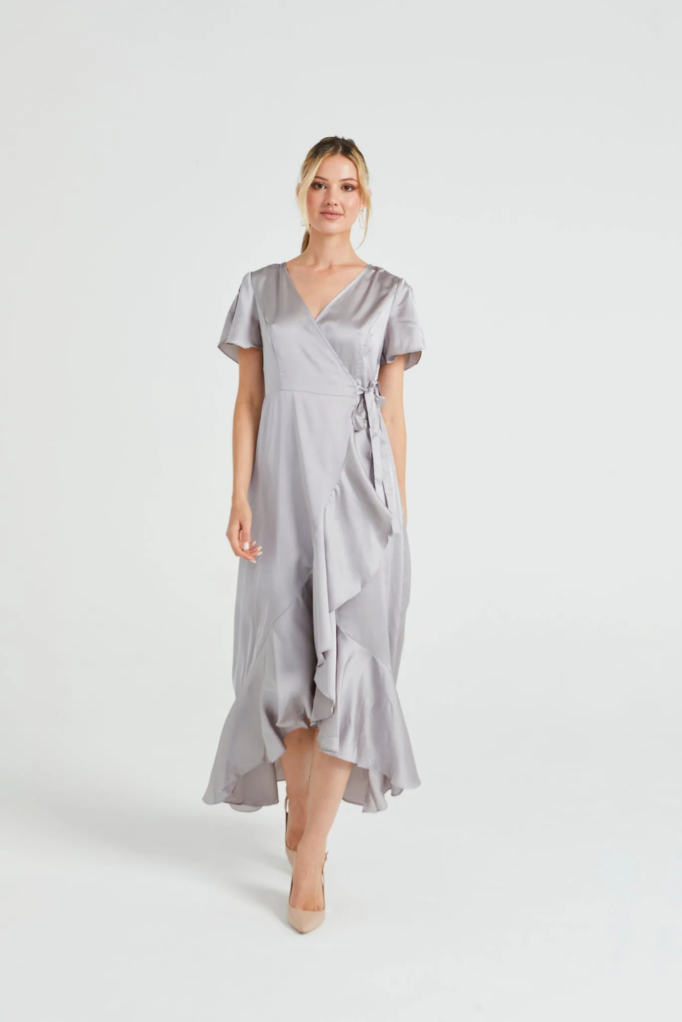 Angeleye Satin Wrap Maxi Dress With Ruffled Hem