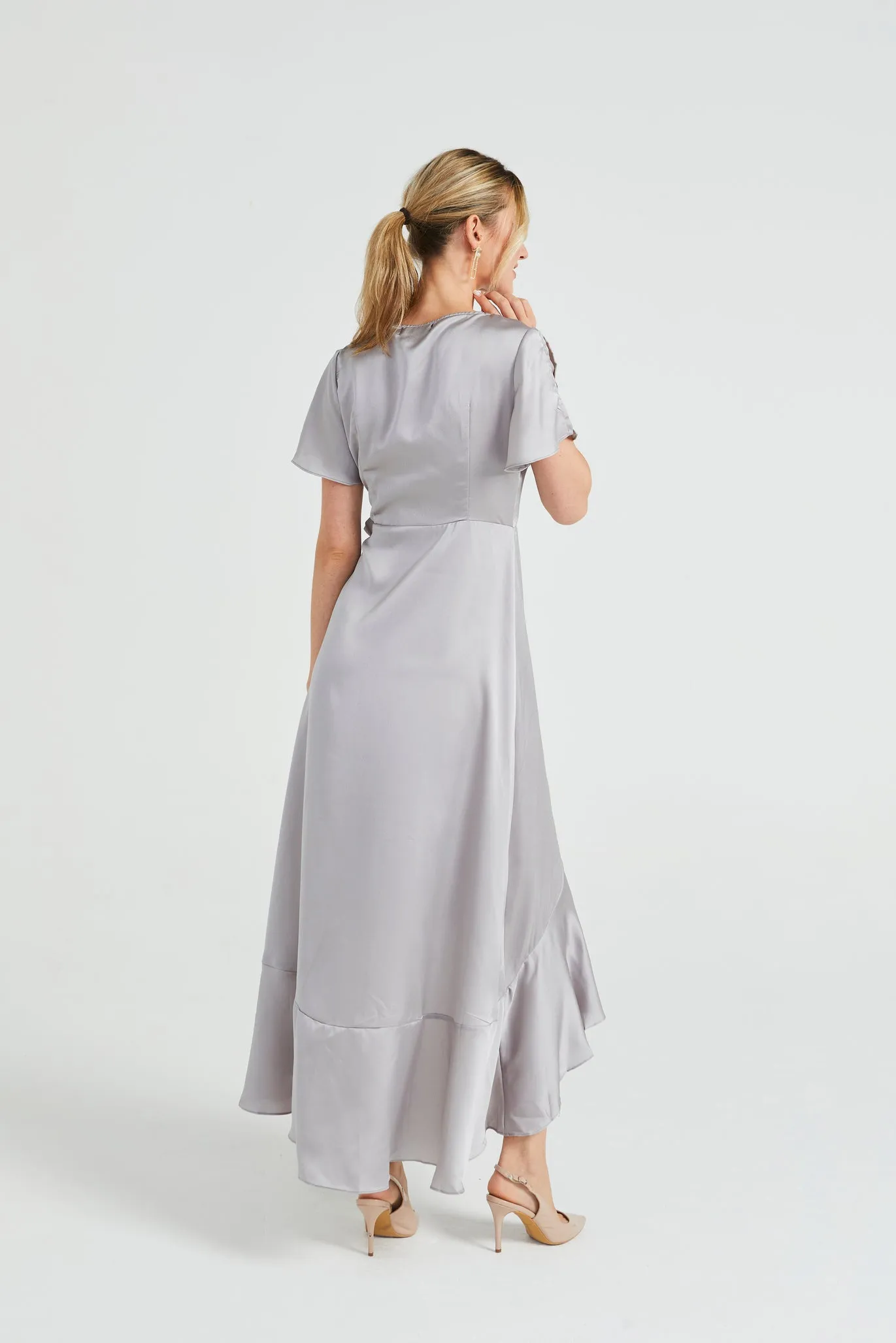 Angeleye Satin Wrap Maxi Dress With Ruffled Hem