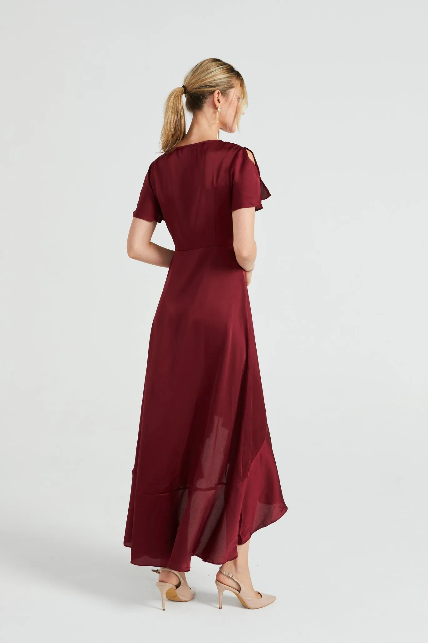 Angeleye Satin Wrap Maxi Dress With Ruffled Hem