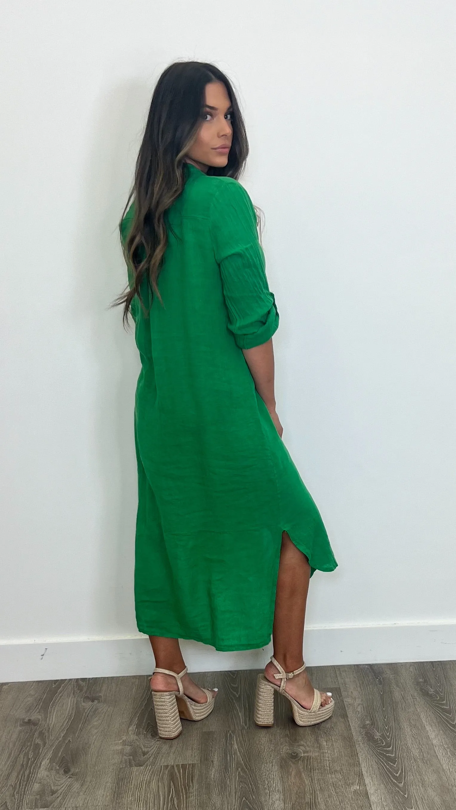 Arles Verde Lino Button Down Maxi Dress