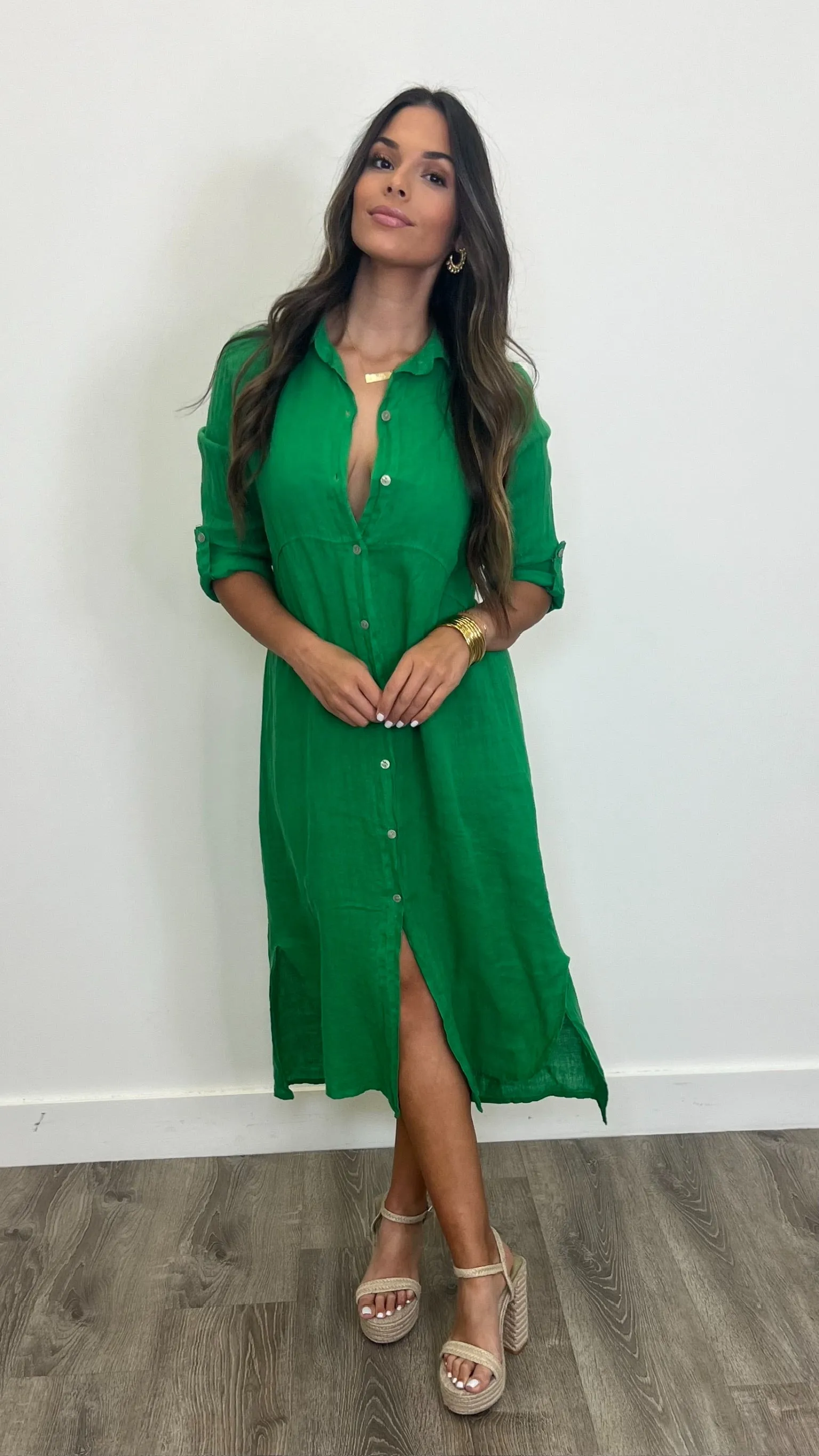 Arles Verde Lino Button Down Maxi Dress