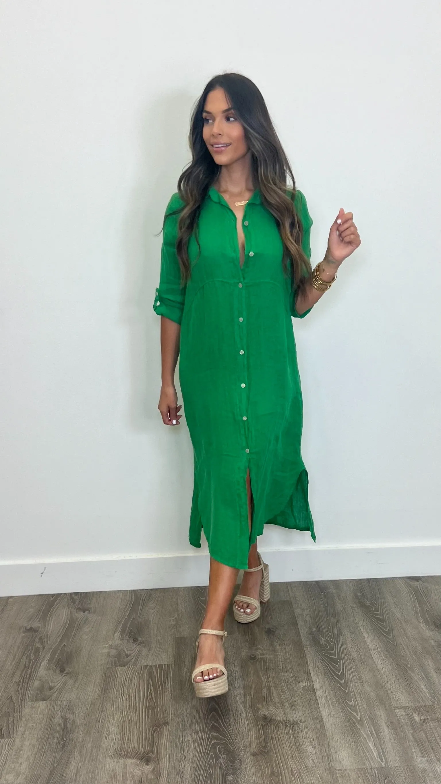 Arles Verde Lino Button Down Maxi Dress