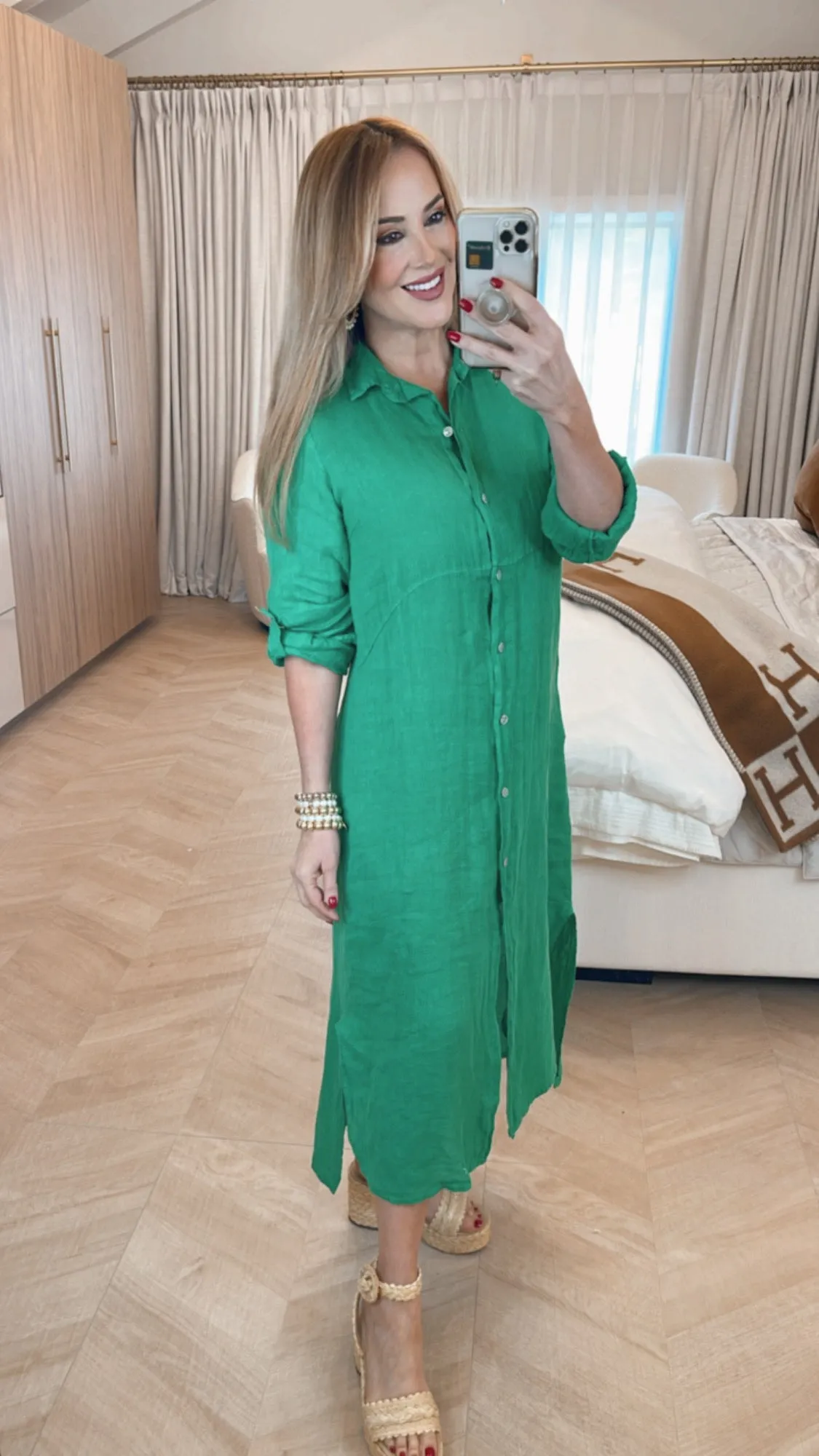 Arles Verde Lino Button Down Maxi Dress