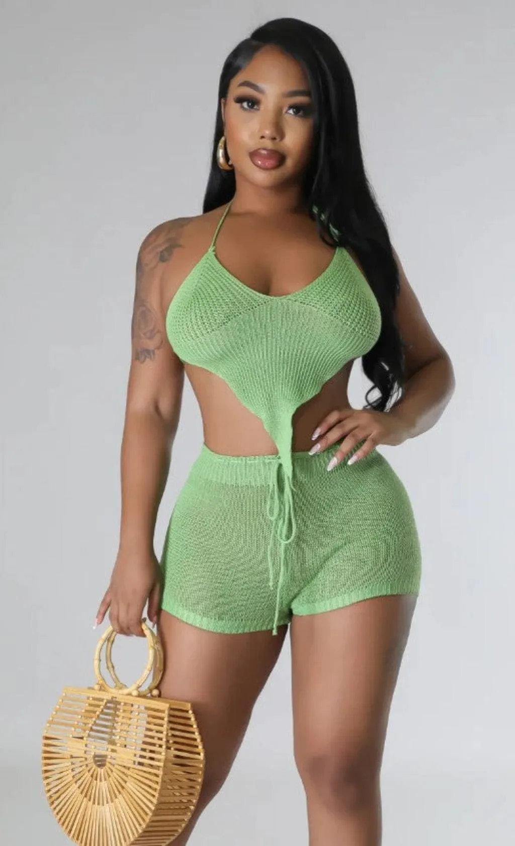 Asymmetric Knit Short Sets-Green