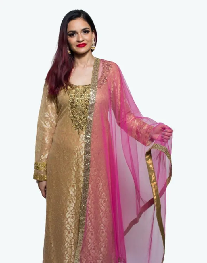 Beige Net Kurta With Pink Palazzo And Dupatta- clearance