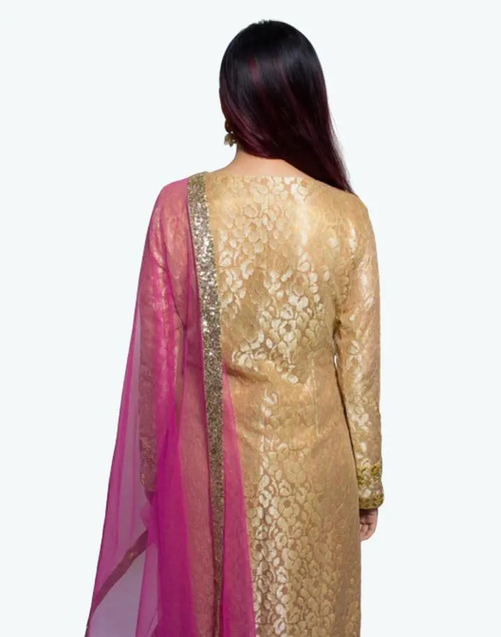 Beige Net Kurta With Pink Palazzo And Dupatta- clearance