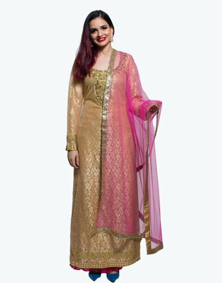 Beige Net Kurta With Pink Palazzo And Dupatta- clearance