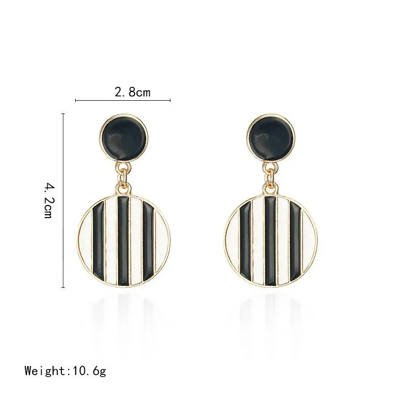 Black & White Stripes Round Golden Drop Earrings