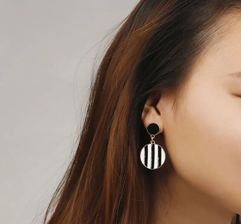 Black & White Stripes Round Golden Drop Earrings