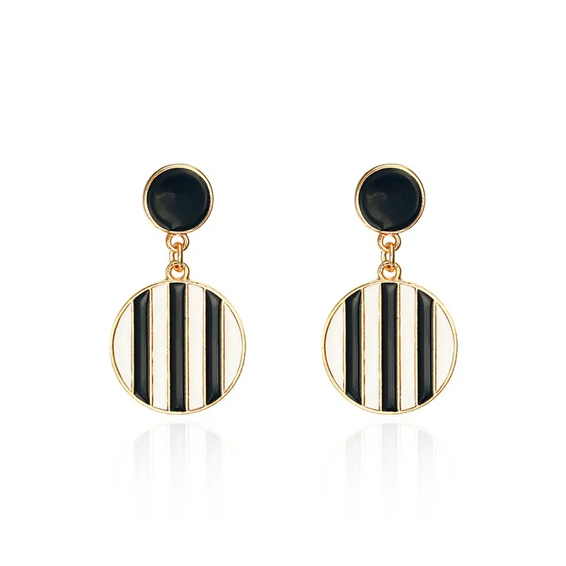 Black & White Stripes Round Golden Drop Earrings