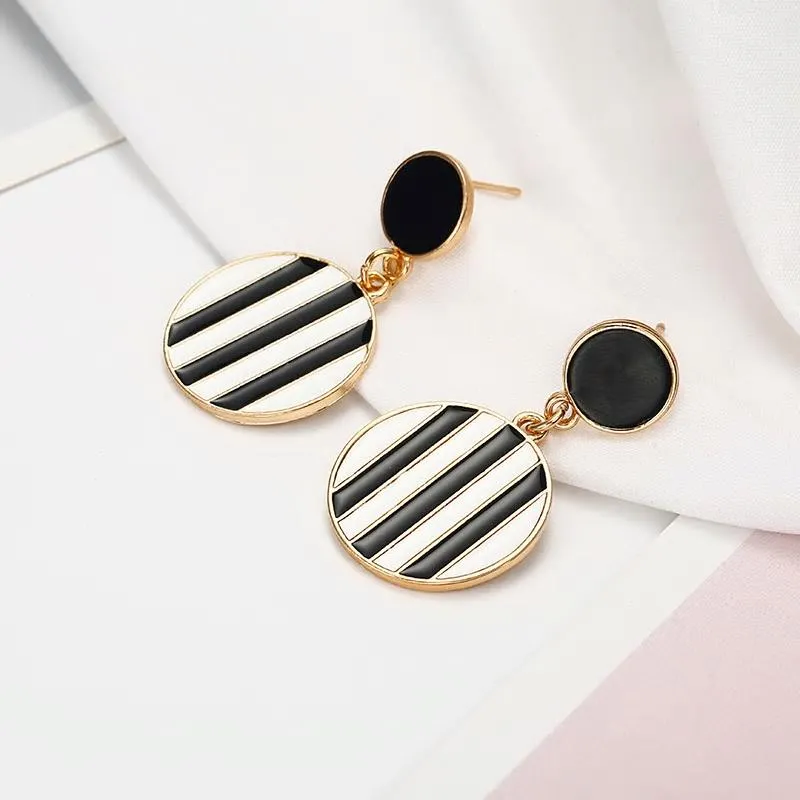 Black & White Stripes Round Golden Drop Earrings