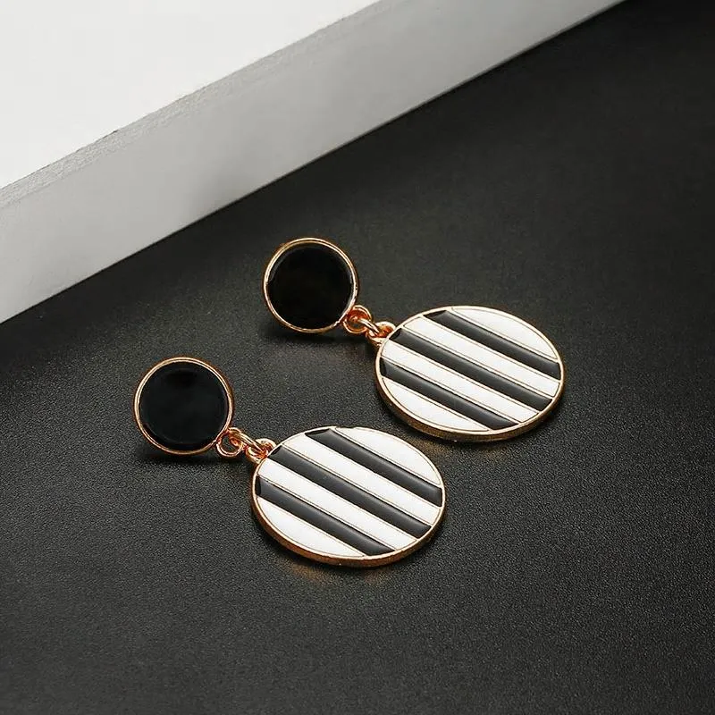 Black & White Stripes Round Golden Drop Earrings