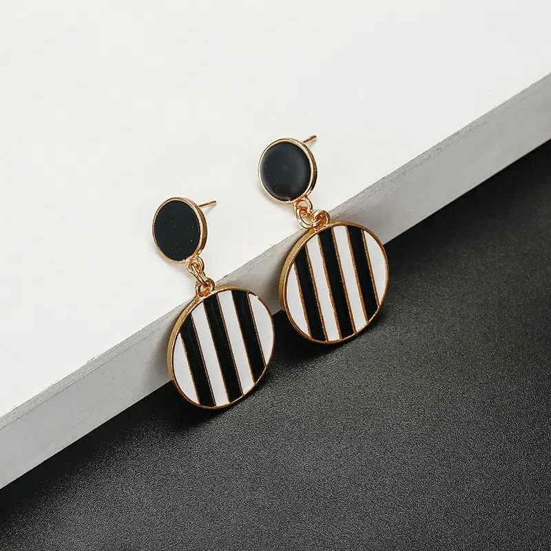 Black & White Stripes Round Golden Drop Earrings