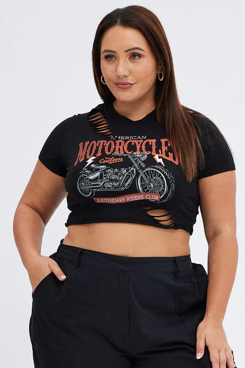 Black Crop T-shirt Moto Distressed