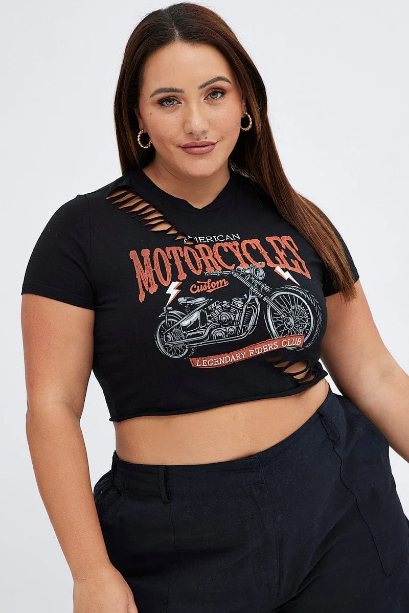 Black Crop T-shirt Moto Distressed