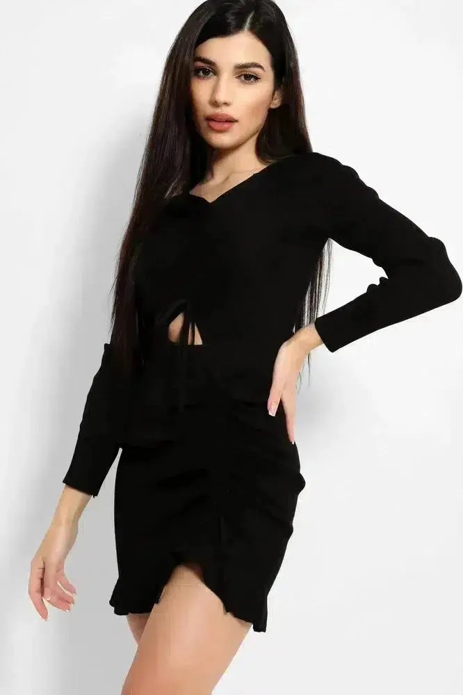 Black Ribbed Knit Asymmetric Drawstring Details Dress