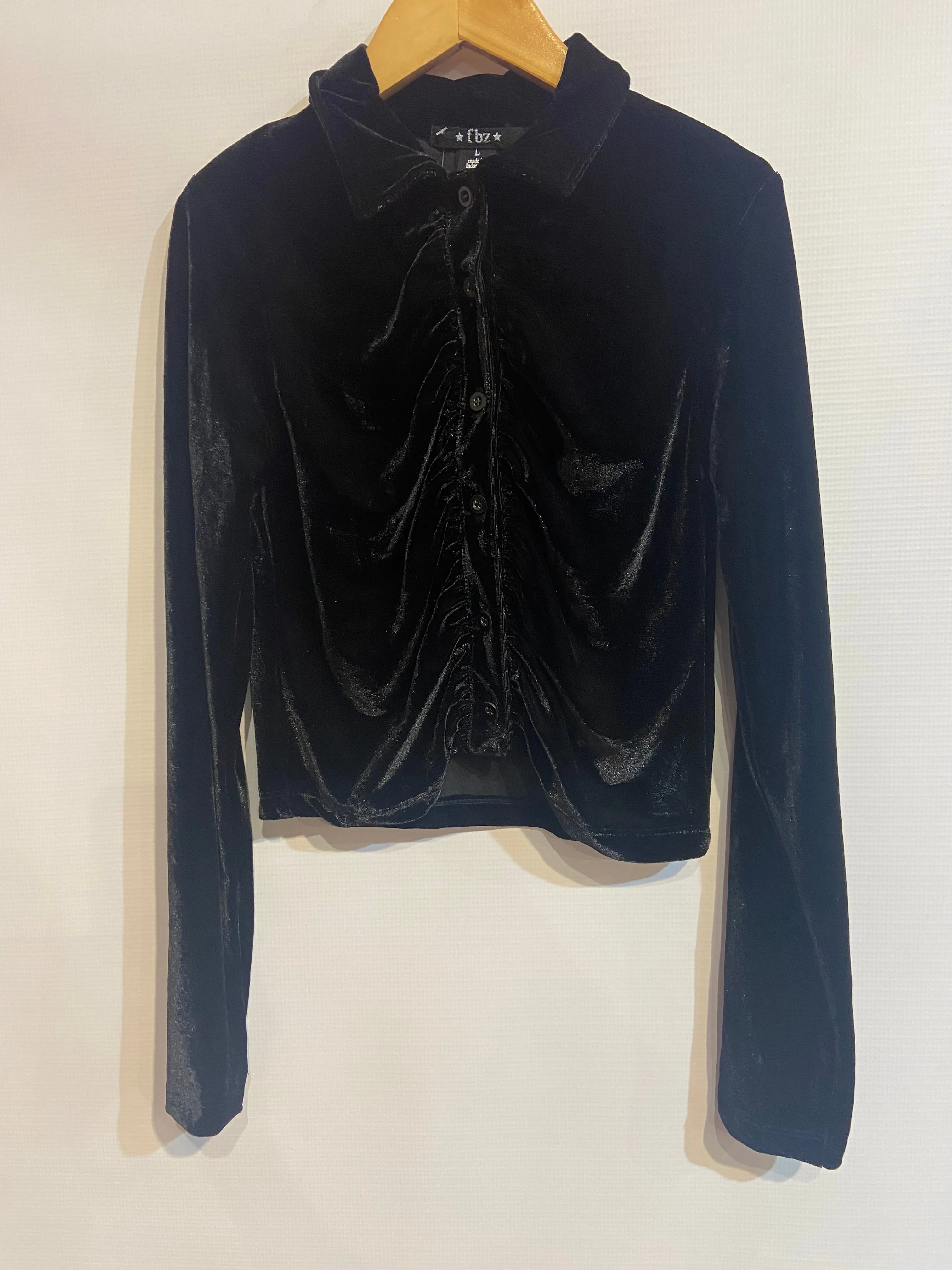 Black Velvet Button Up Collared Crop L/S Top