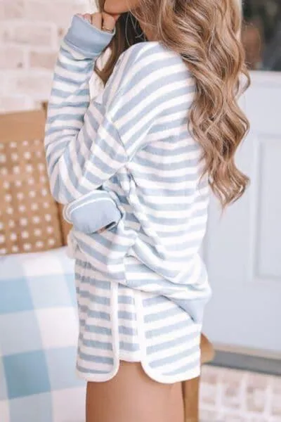 Blair Striped Round Neck Top and Drawstring Shorts Lounge Set