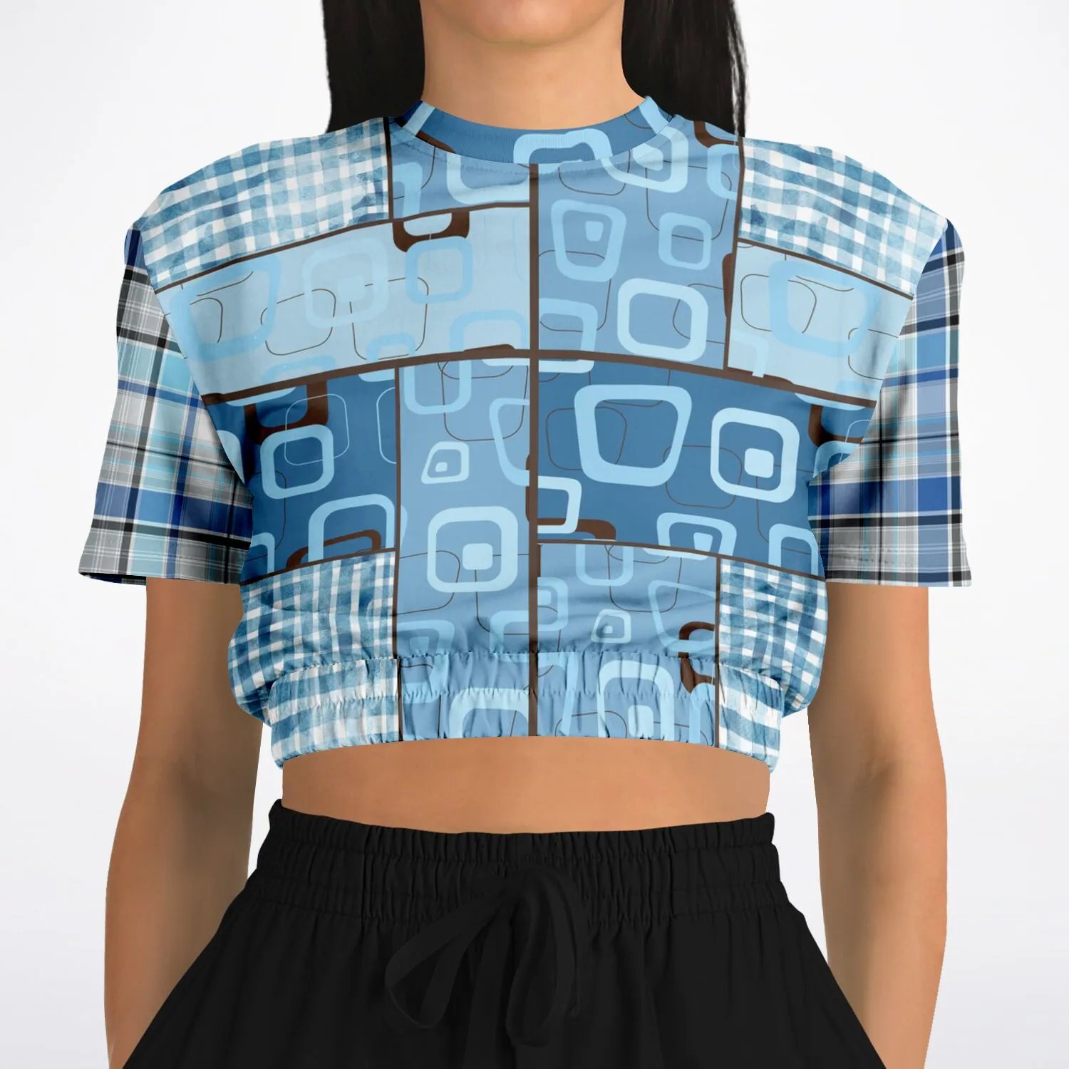 Blue Geo Plaid SW Short Sleeve Cropped Sweater