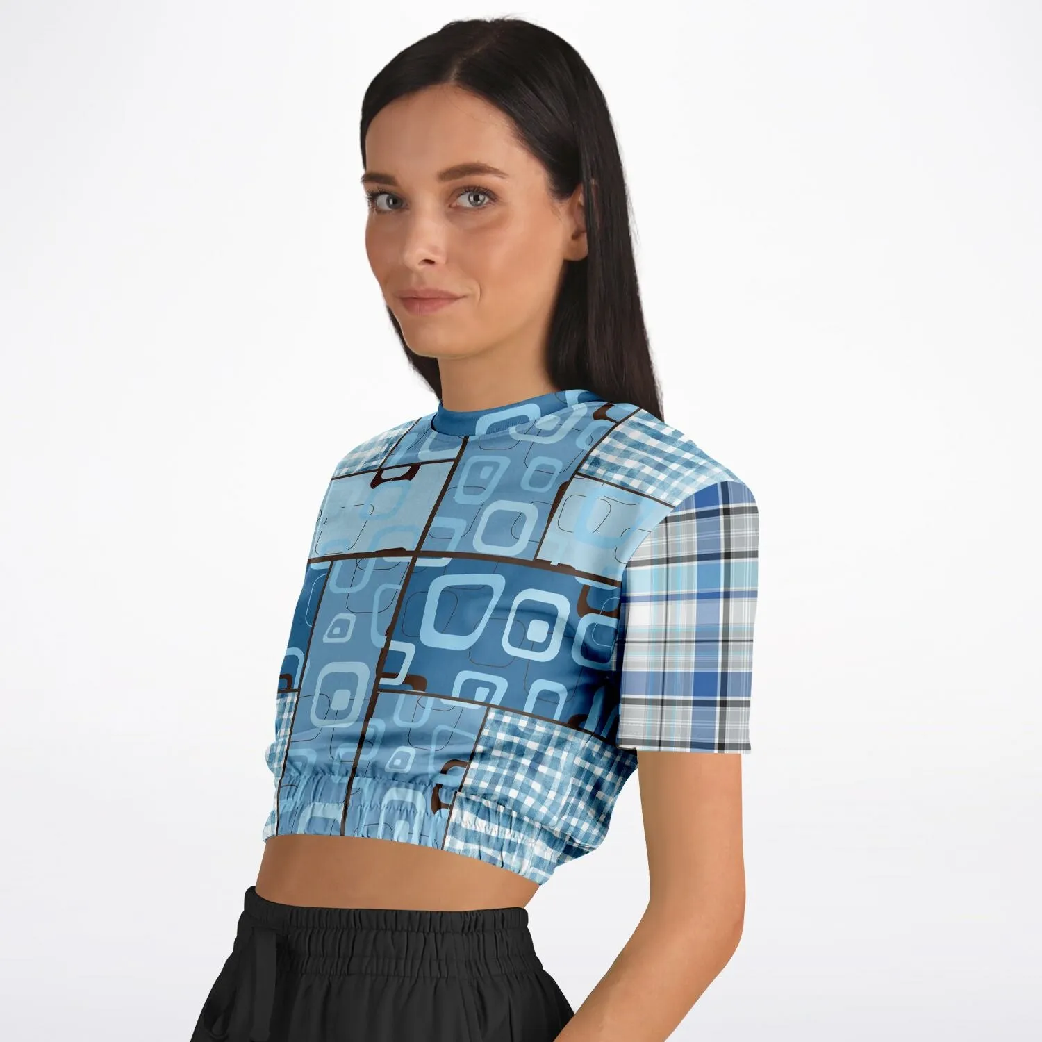 Blue Geo Plaid SW Short Sleeve Cropped Sweater