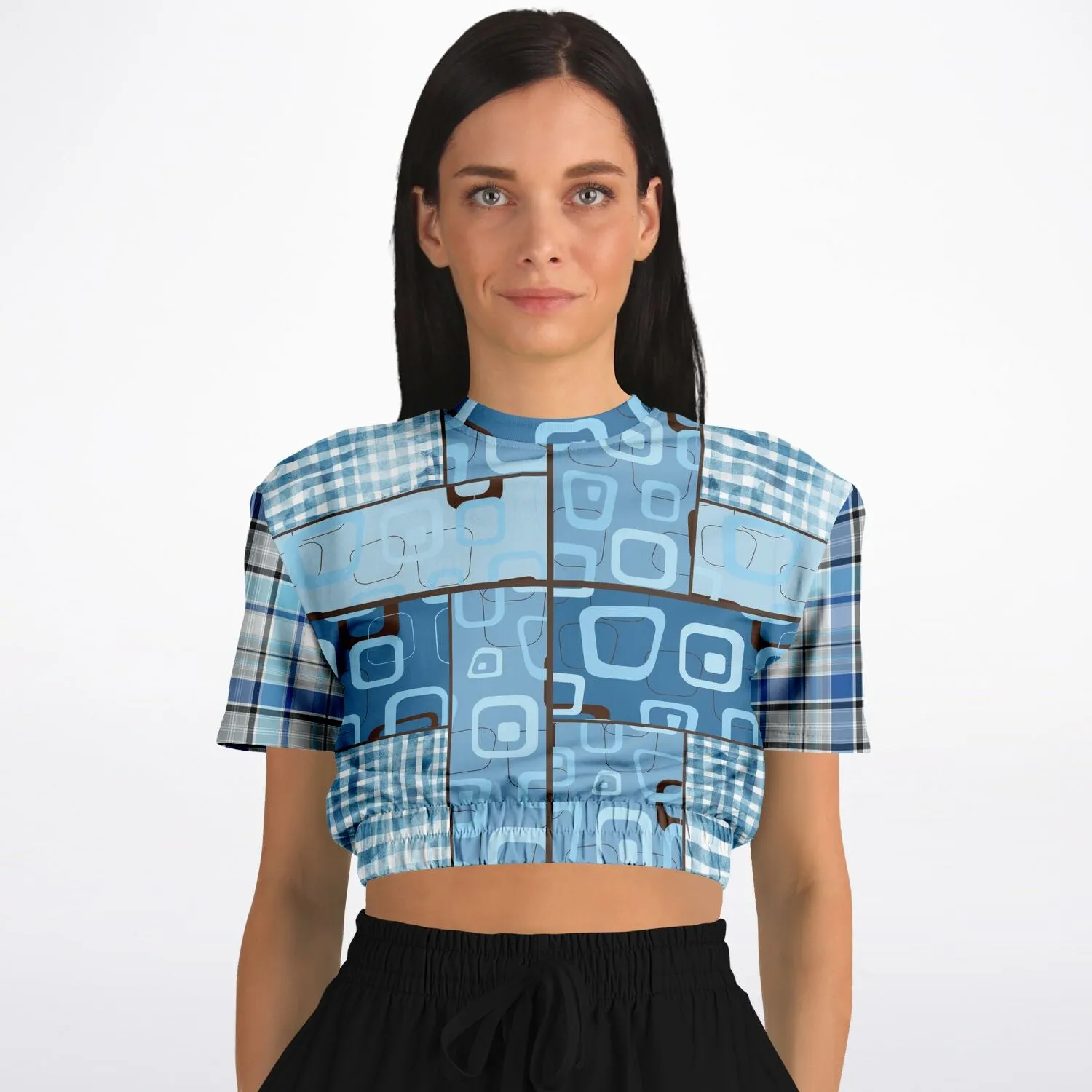 Blue Geo Plaid SW Short Sleeve Cropped Sweater