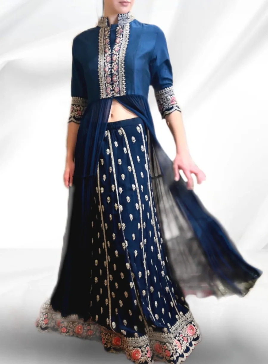 Blue Georgette Anarkali Jacket with Lehenga - Rent