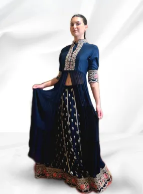 Blue Georgette Anarkali Jacket with Lehenga - Rent