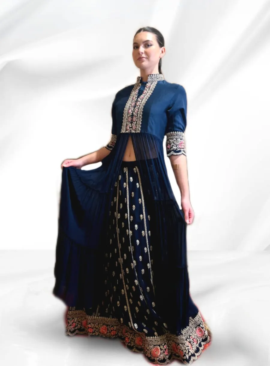 Blue Georgette Anarkali Jacket with Lehenga - Rent