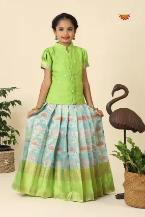 Blue Kota Floral Pattu Pavadai For Girls - Festive Wear!!!