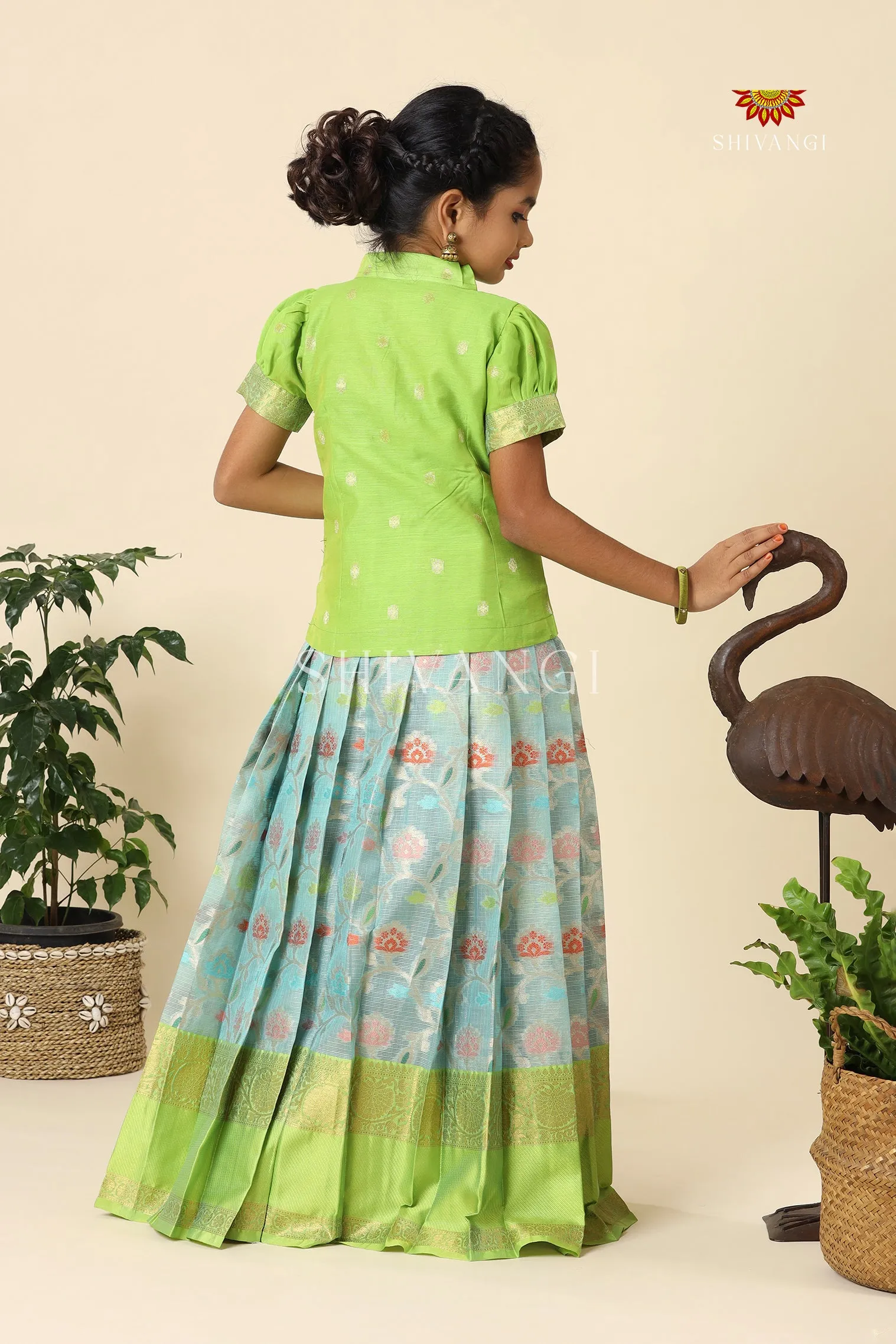 Blue Kota Floral Pattu Pavadai For Girls - Festive Wear!!!