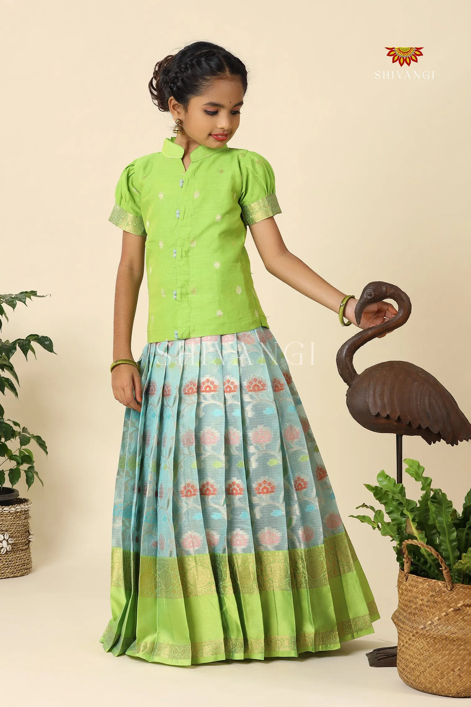 Blue Kota Floral Pattu Pavadai For Girls - Festive Wear!!!